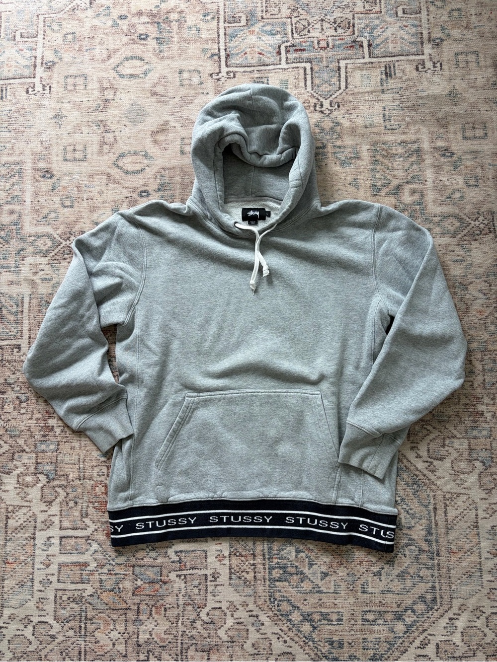 Stussy Light Gray Pullover Hoodie with Branded Hem